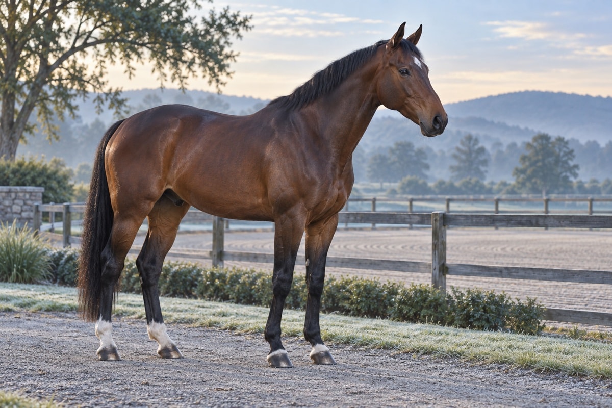 A fit bay horse standing calmly beside an empty arena after light work