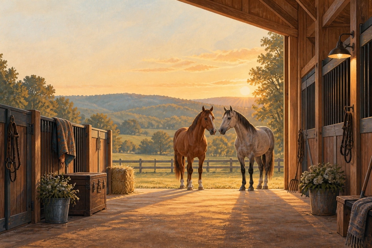 Two horses meeting at the open end of a barn aisle