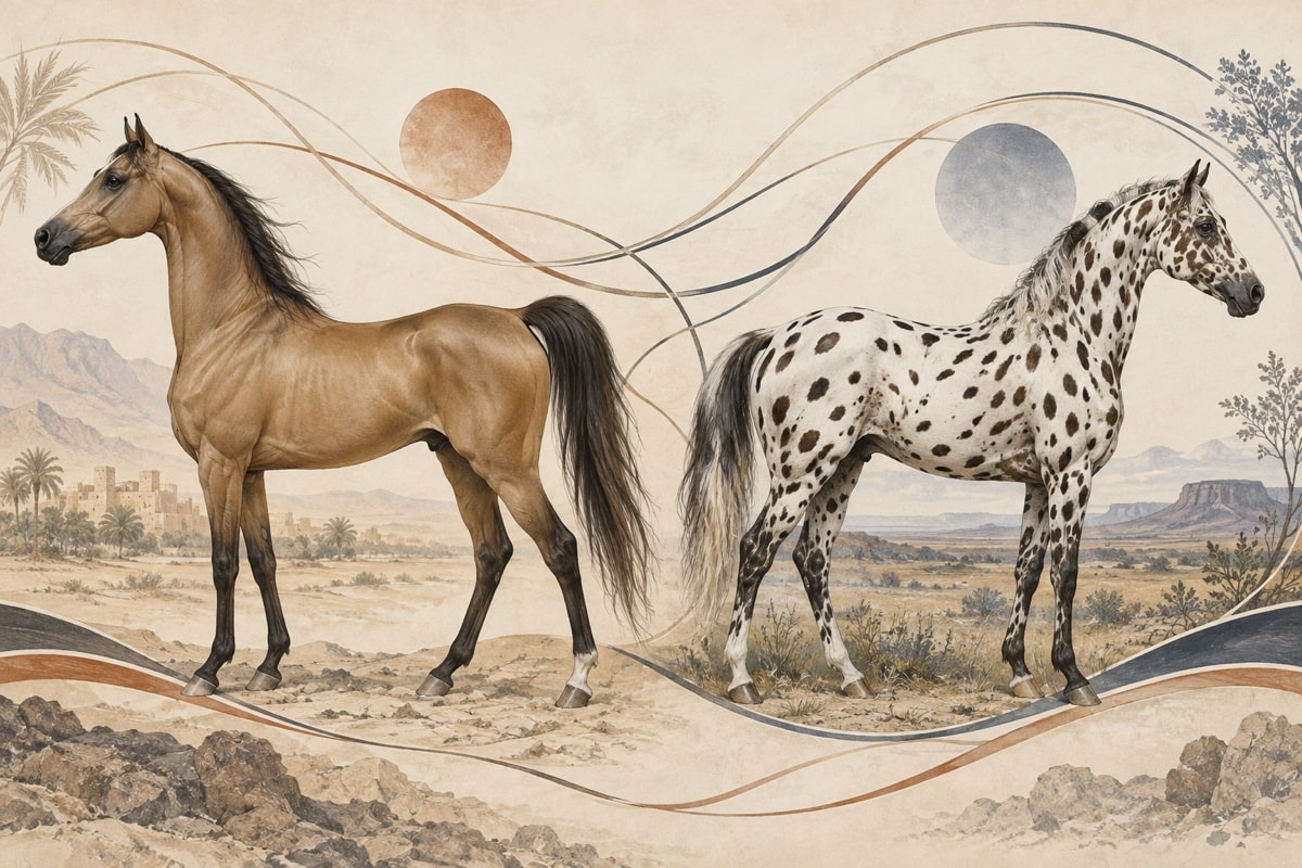 A refined desert-type horse and a spotted horse shown separately in an illustrated landscape