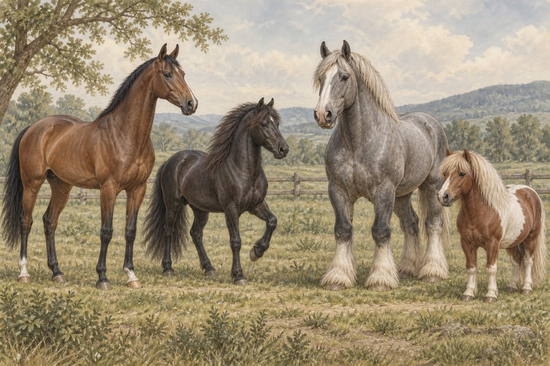 Four representative horse types standing in a paddock: light horse, gaited type, draft and pony