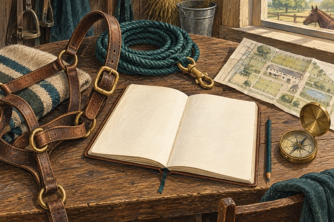 Horse-care notebook, halter, rope, compass and stable plan arranged on a tack-room table
