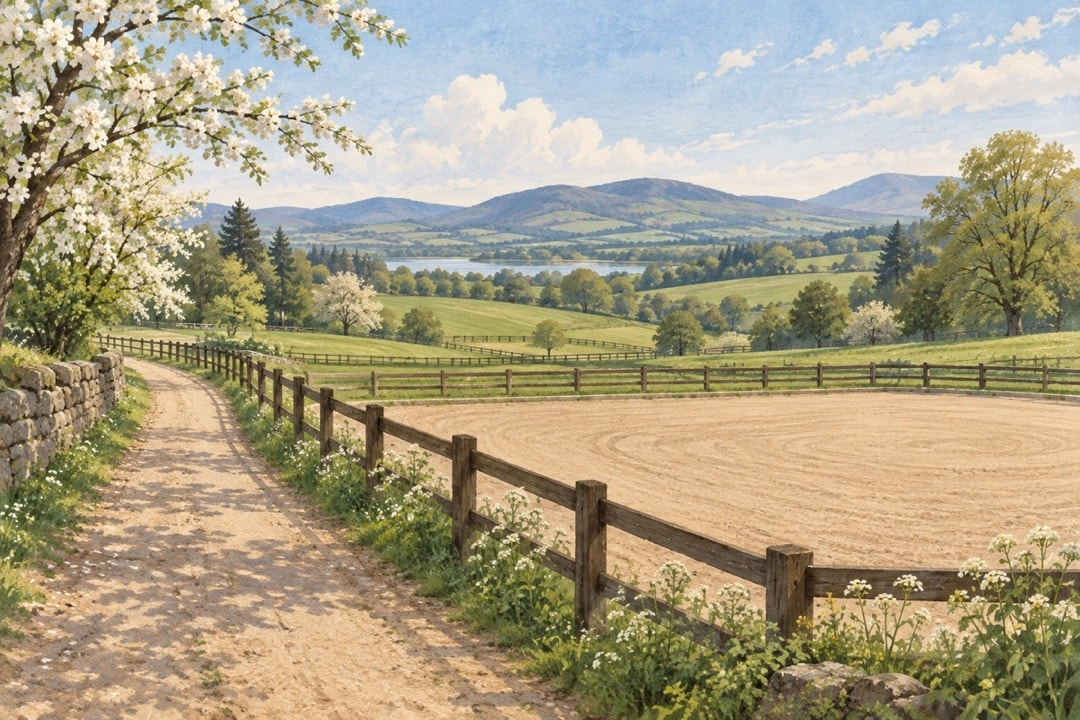 An empty sand arena and riding trail in a green spring landscape