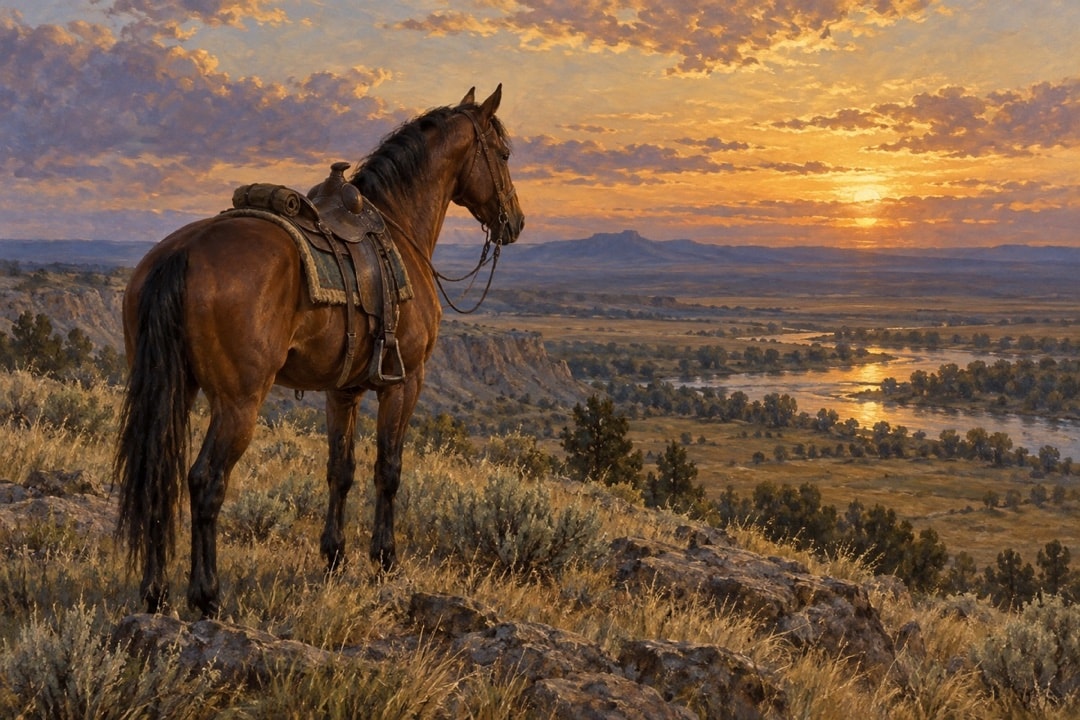 A riderless bay horse overlooking a river valley at sunset