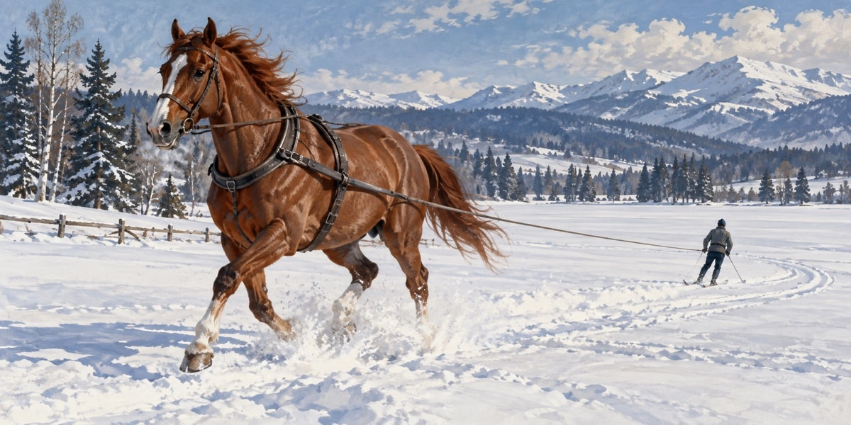 A harnessed horse moving through snow while a distant skier follows